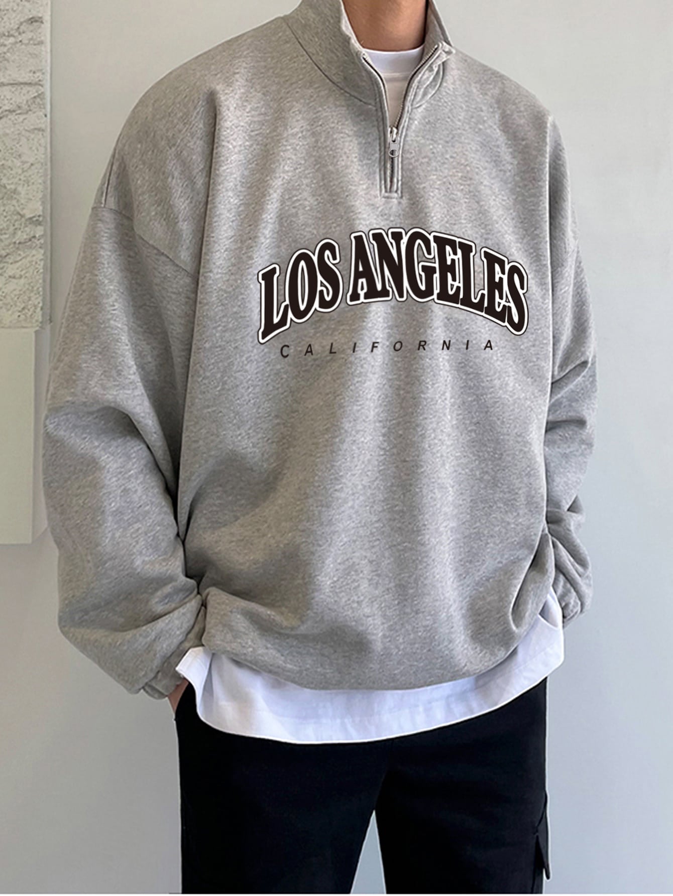 Claim Dot Men Letter Graphic Quarter Zipper Drop Shoulder Loose Sweatshirt without Tee, Light Grey Letter Long Sleeve Casual Mock Neck Sweatshirt, for Friends, Husband, Boyfriend Gifts