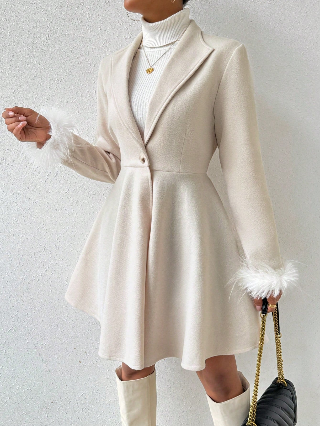 Rosydaze Solid Color Overcoat with Fringed Cuff and Single Button Closure Fall Winter Cloth for Women