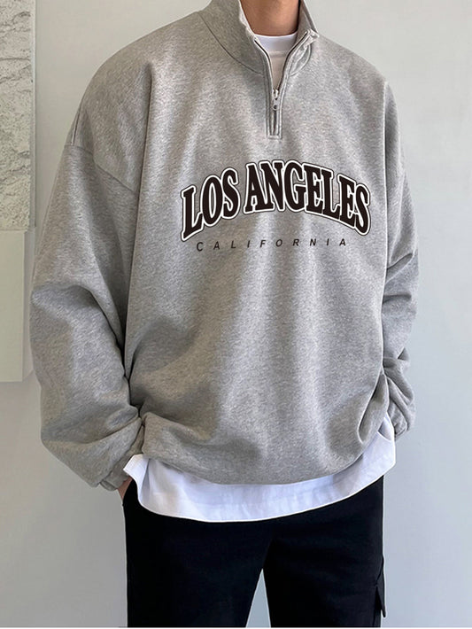 Claim Dot Men Letter Graphic Quarter Zipper Drop Shoulder Loose Sweatshirt without Tee, Light Grey Letter Long Sleeve Casual Mock Neck Sweatshirt, for Friends, Husband, Boyfriend Gifts
