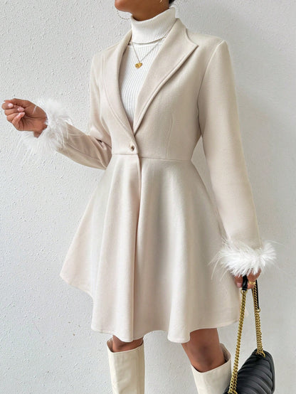 Rosydaze Solid Color Overcoat with Fringed Cuff and Single Button Closure Fall Winter Cloth for Women